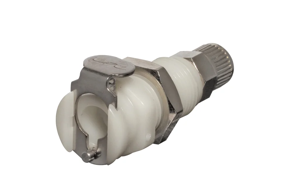 Bulkhead socket for hose quick coupling with nut and valve, acetal, PMC series DN 3.2