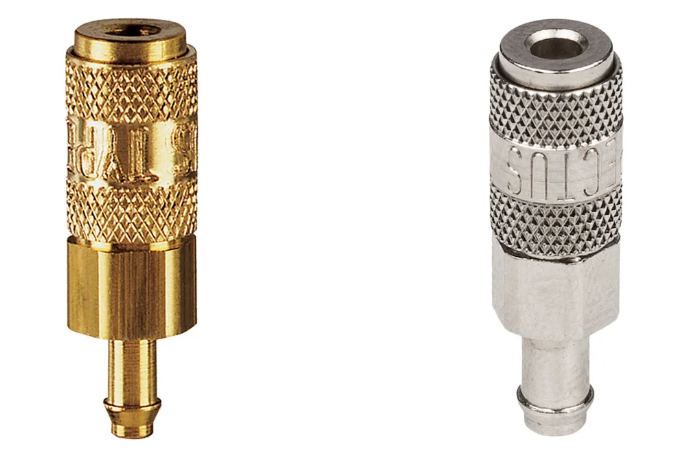 Quick-connection socket DN1.5 miniature universal, with hose socket, brass, series 02KA
